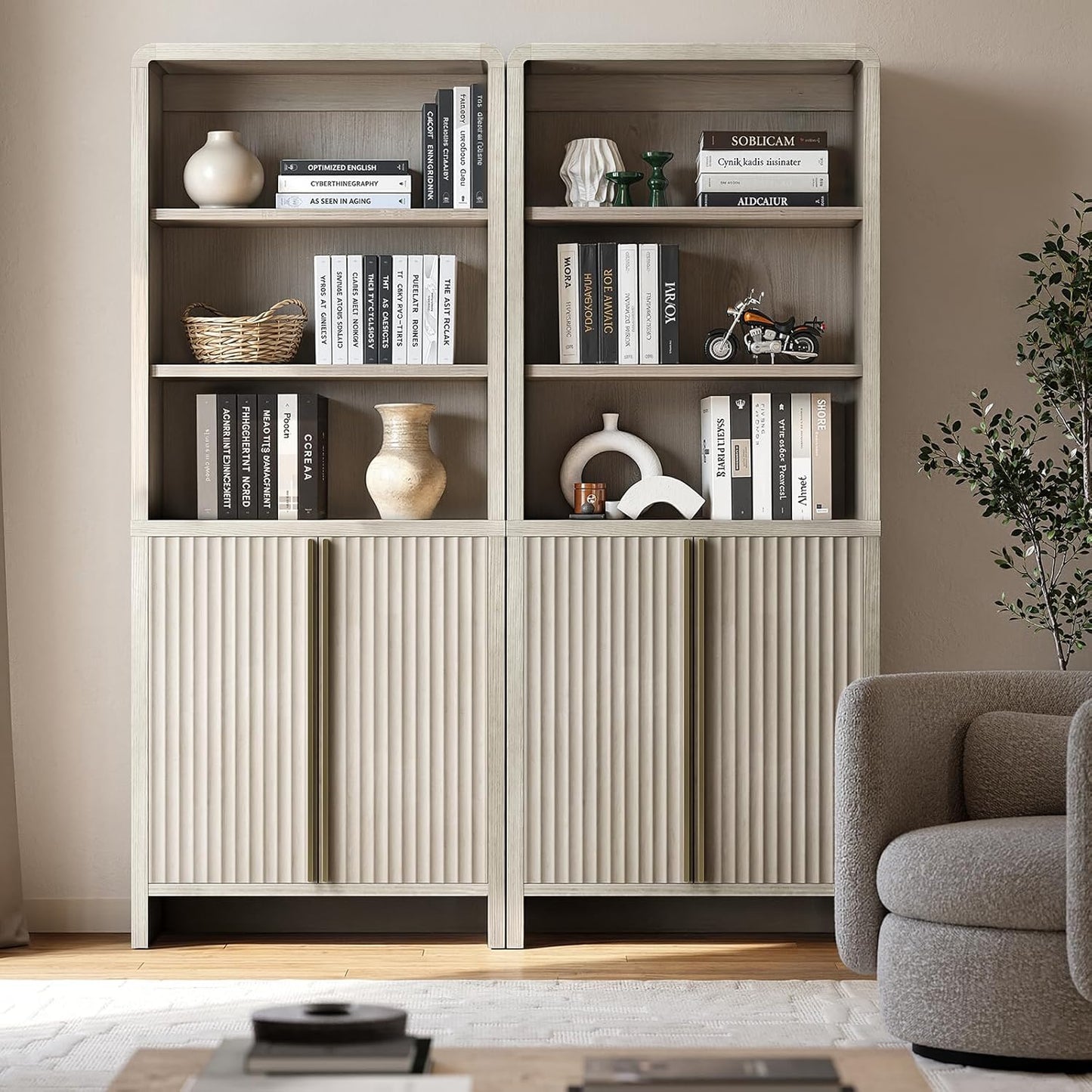 Caly 74.1" Fluted Tall Bookcase with Doors, 6 Tier Bookshelf