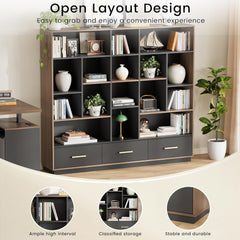 Feature graphic of a dark wood-tone bookcase with staggered open cubbies, three bottom drawers and shelf detail insets