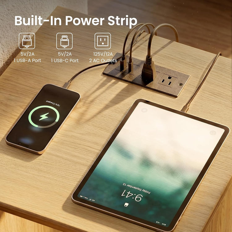 A recessed power strip has one USB-A port, one USB-C port, and two AC outlets
