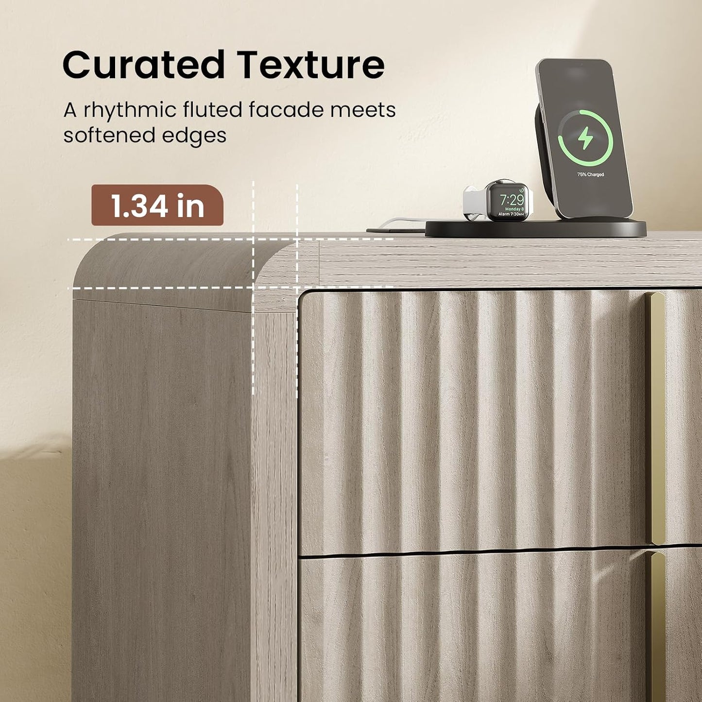 Caly 23.6" Modern Nightstand Fluted Wood Bedside Table