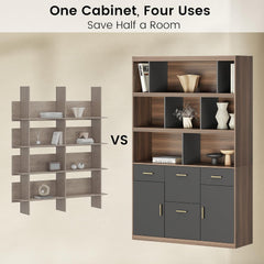 Open shelving beside a wood and dark gray cabinet with shelves, drawers, and doors.