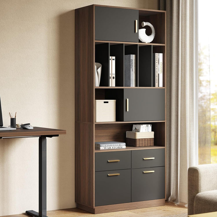 73" Tall Bookcase with 4 Drawers and Doors, Modern Office Storage Cabinet