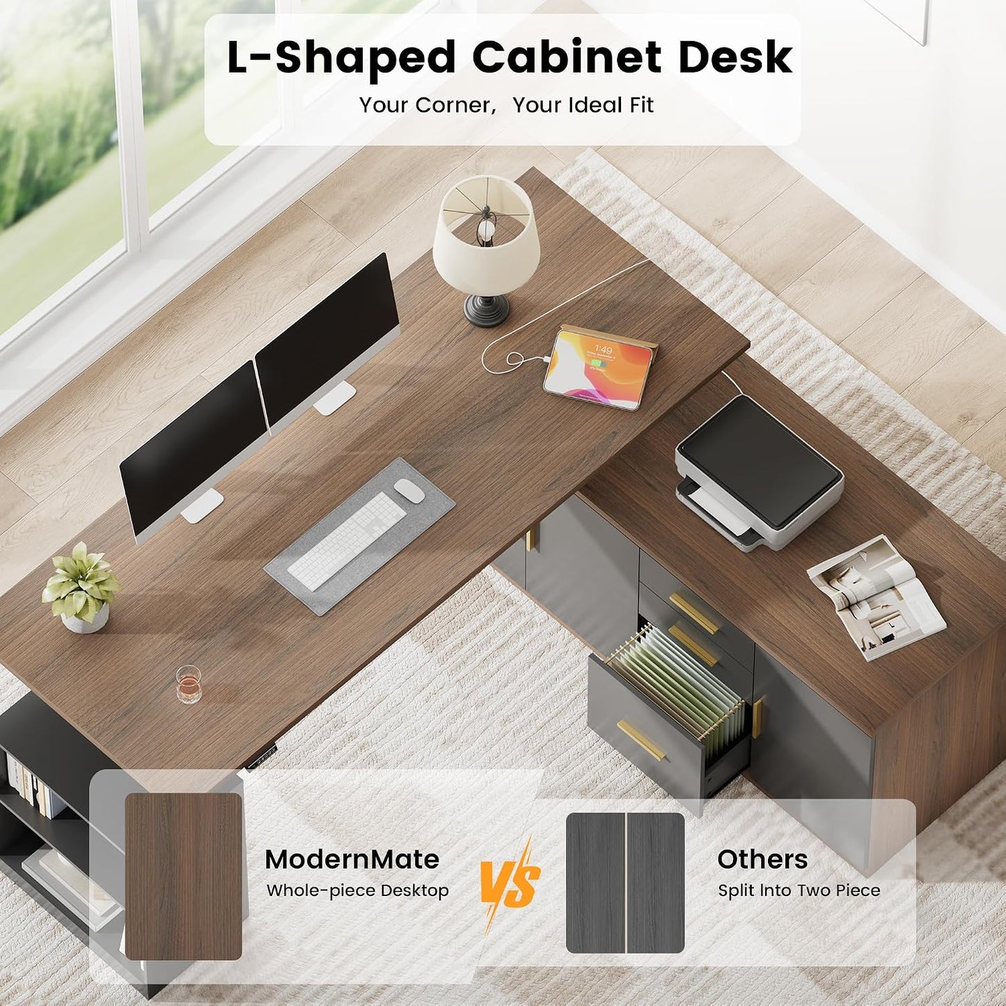 59" Electric Standing Desk L Shaped Executive Desk with Drawers & Power Outlets