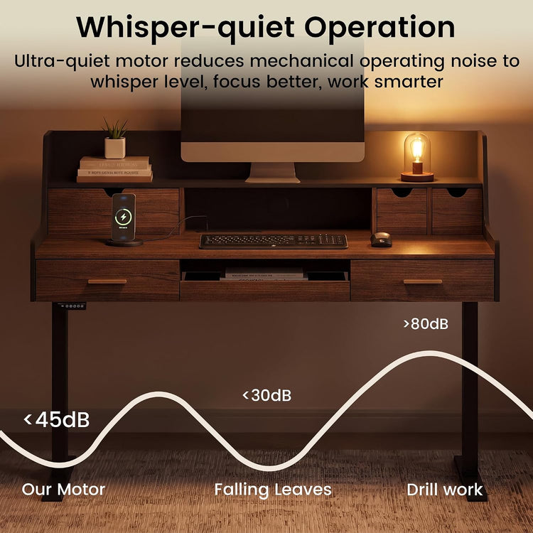 55" One-Piece Electric Standing Desk, 5 Drawers, Black Walnut
