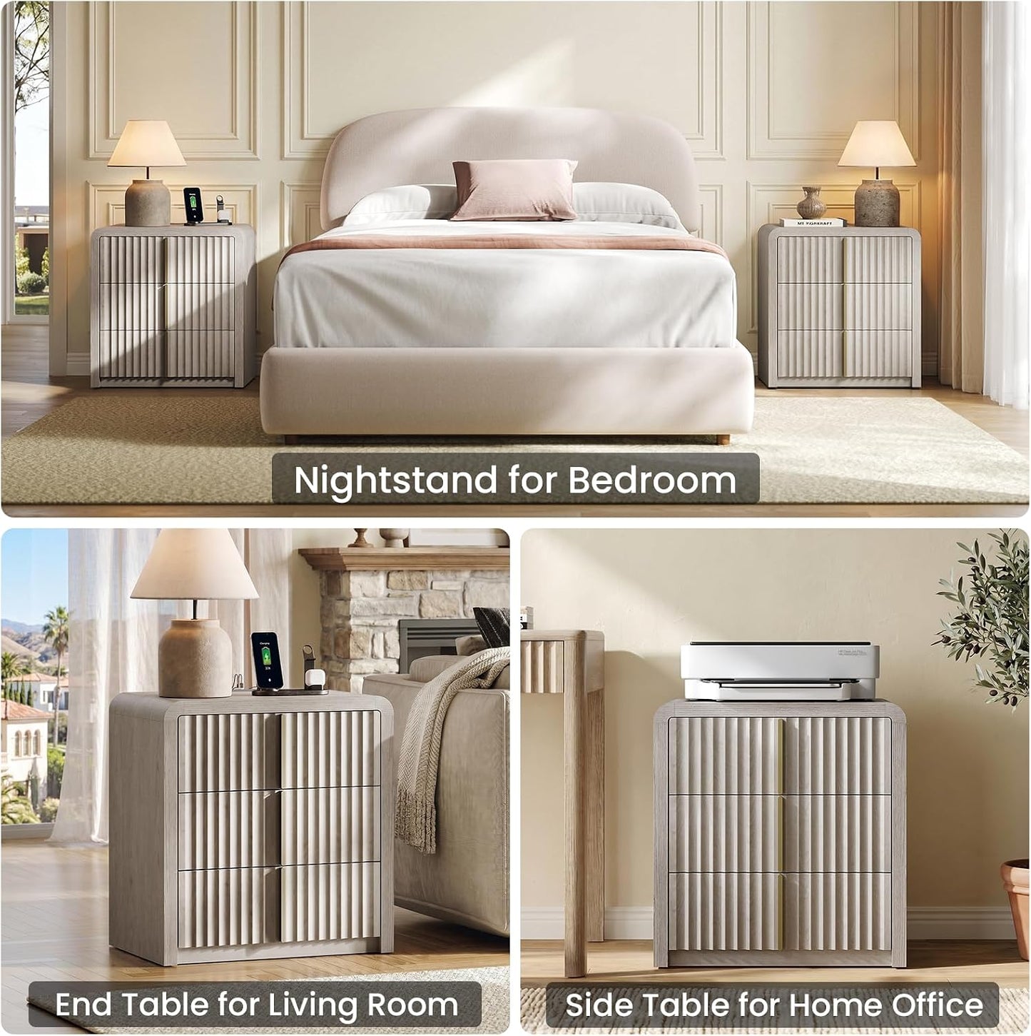 Caly 23.6" Modern Nightstand Fluted Wood Bedside Table