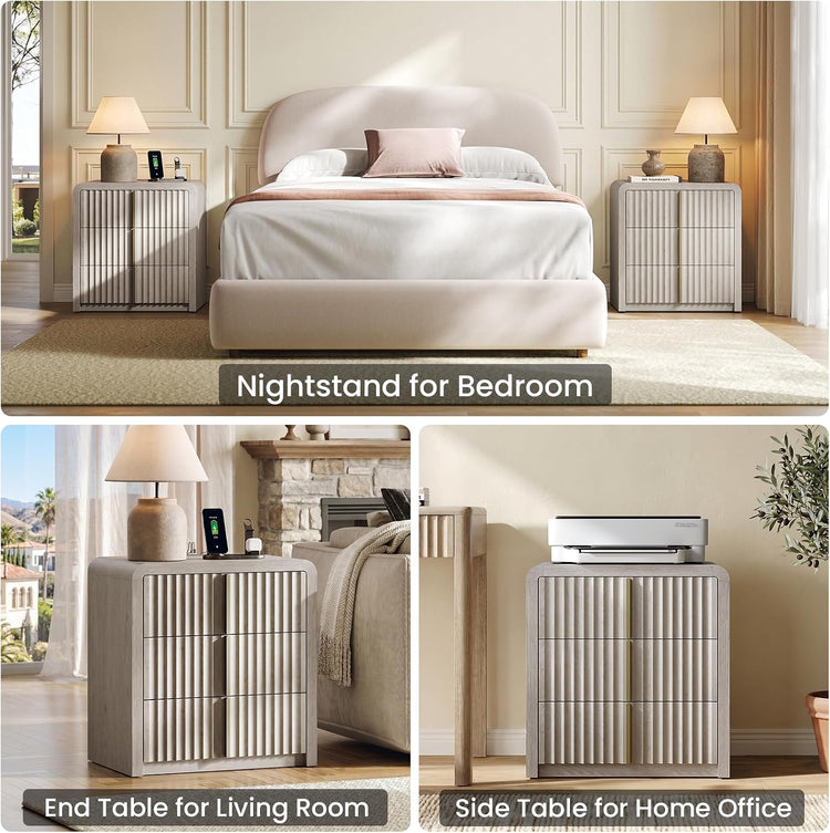 2 Pack Fluted Nightstand with 3 Drawers Caly 23.6" End Table
