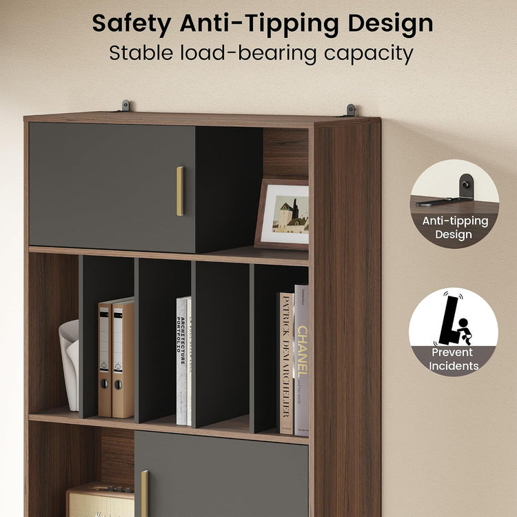 73" Tall Bookcase with 4 Drawers and Doors, Modern Office Storage Cabinet