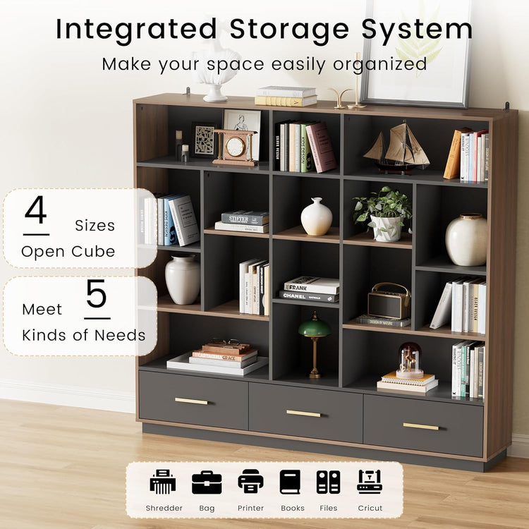 [Pre-Sale] 60" Bookshelf with Drawers, Black Walnut Cube Storage Organizer