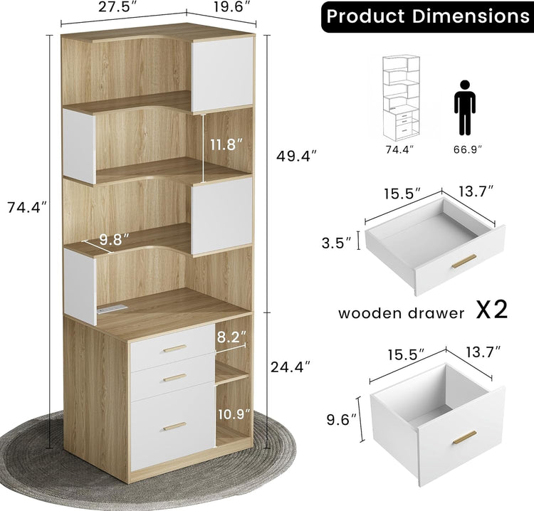 74.4" Tall L-Shaped Corner Bookshelf, 7-Tier Bookcase Light Walnut