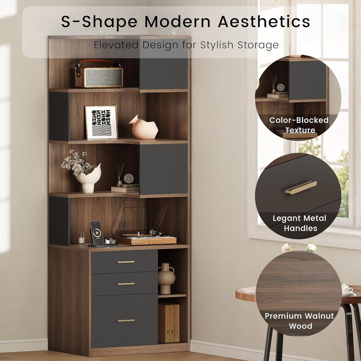 74.4" Tall L-Shaped Corner Bookshelf, 7-Tier Bookcase Black Walnut
