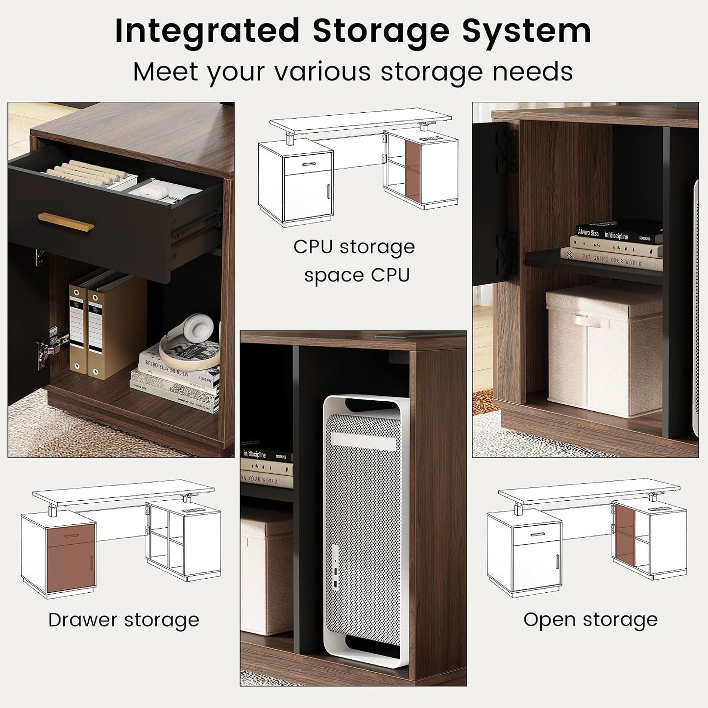 59" L‑Shaped Electric Executive Standing Desk with 5 Drawers & File Cabinet, AC/USB Ports