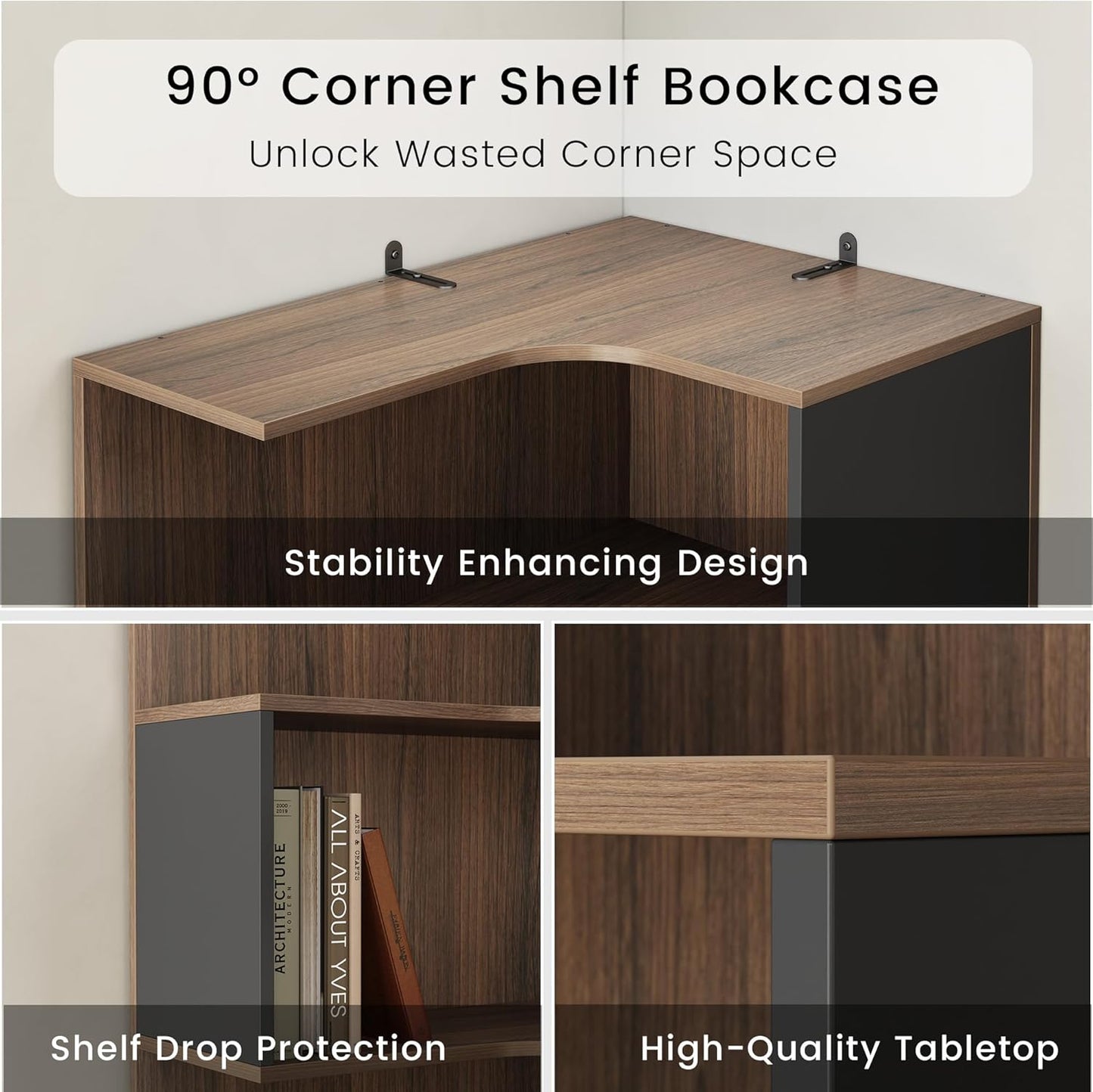 74.4" Tall L-Shaped Corner Bookshelf, 7-Tier Bookcase Black Walnut