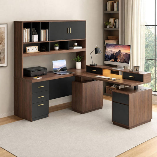 Brown wood-grain corner desk with dark drawer fronts, gold-colored handles, an upper storage hutch, and a raised monitor shelf, arranged with a computer, laptop, printer, lamp, books, and plants.