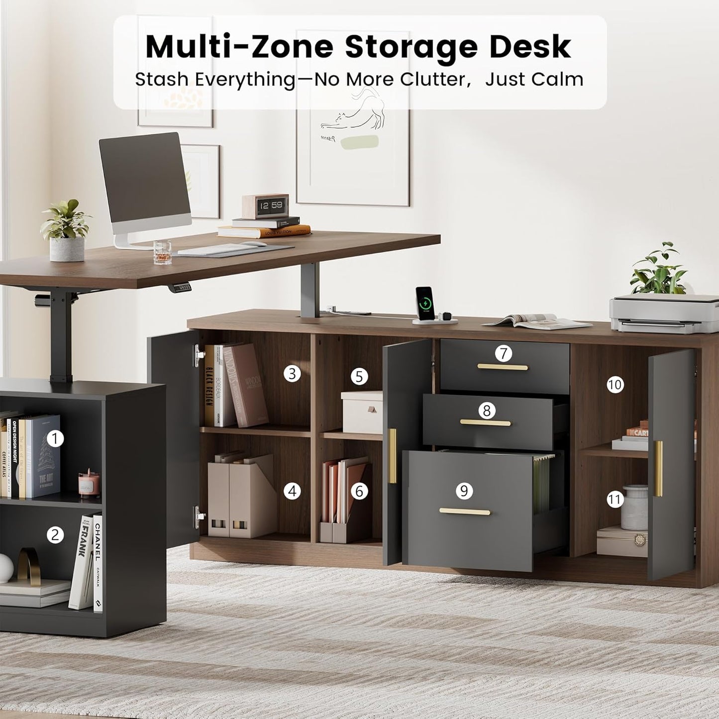 59" Electric Standing Desk L Shaped Executive Desk with Drawers & Power Outlets