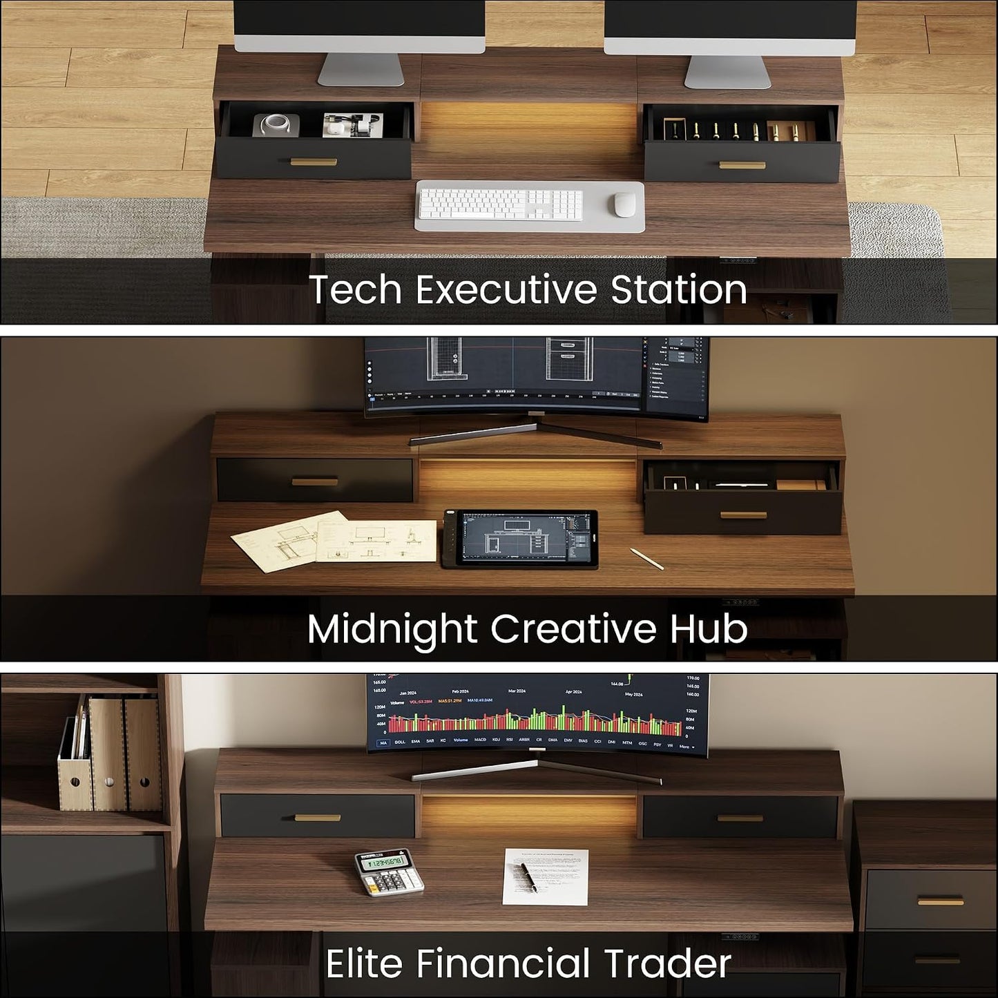 63" Electric Executive Standing Desk with LED Lighting, Monitor Riser & File Cabinet, Black Walnut