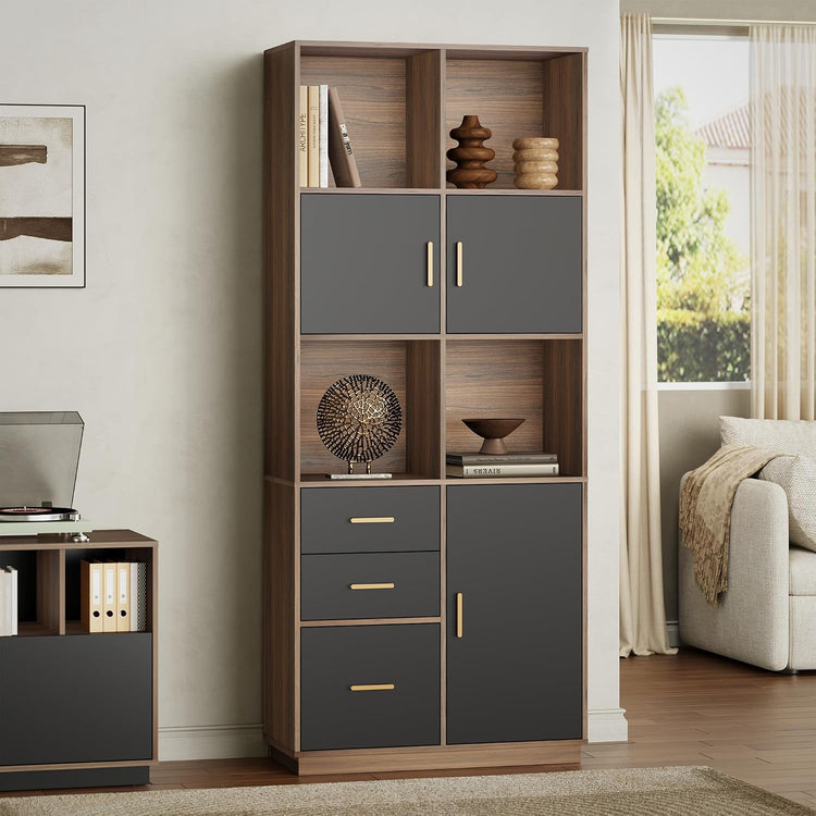 74.6" Tall Bookcase with 3 Drawers & Doors, Modern Bookshelf with Adjustable Shelves