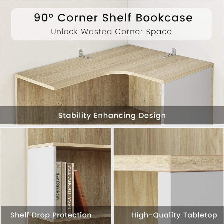 74.4" Tall L-Shaped Corner Bookshelf, 7-Tier Bookcase Light Walnut