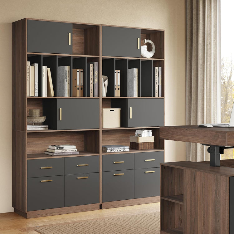 73" Tall Bookcase with 4 Drawers and Doors, Modern Office Storage Cabinet