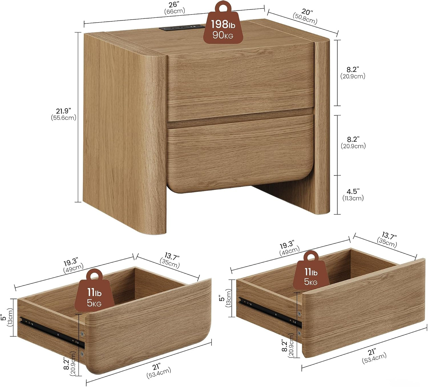 26" Nightstand with Charging Station, Large Bedside Table