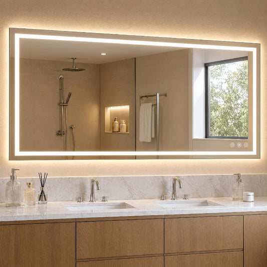 Rectangular bathroom mirror with illuminated front border and warm backlighting above a double vanity.