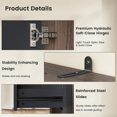 Product details showing a cabinet hinge, stabilizing bracket, and drawer slide.