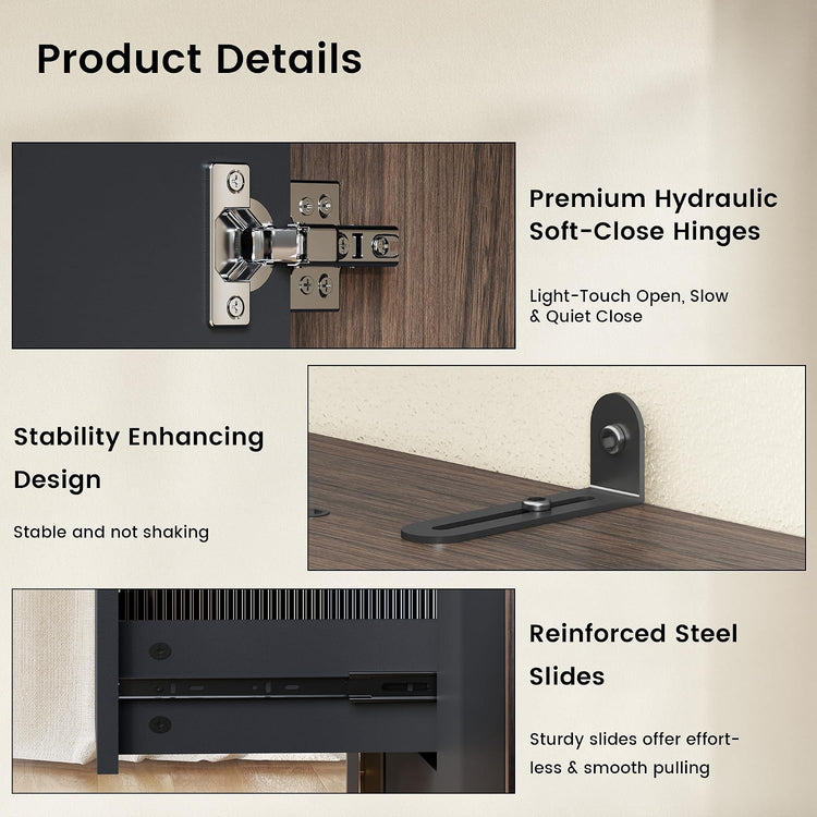 Product details showing a cabinet hinge, stabilizing bracket, and drawer slide.