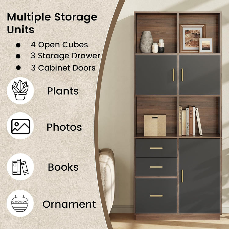 74.6" Tall Bookcase with 3 Drawers & Doors, Modern Bookshelf with Adjustable Shelves