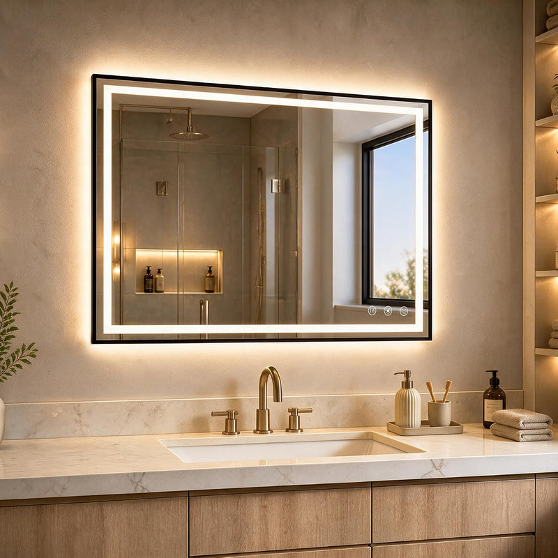 Rectangular black-framed illuminated mirror above a bathroom vanity and sink.