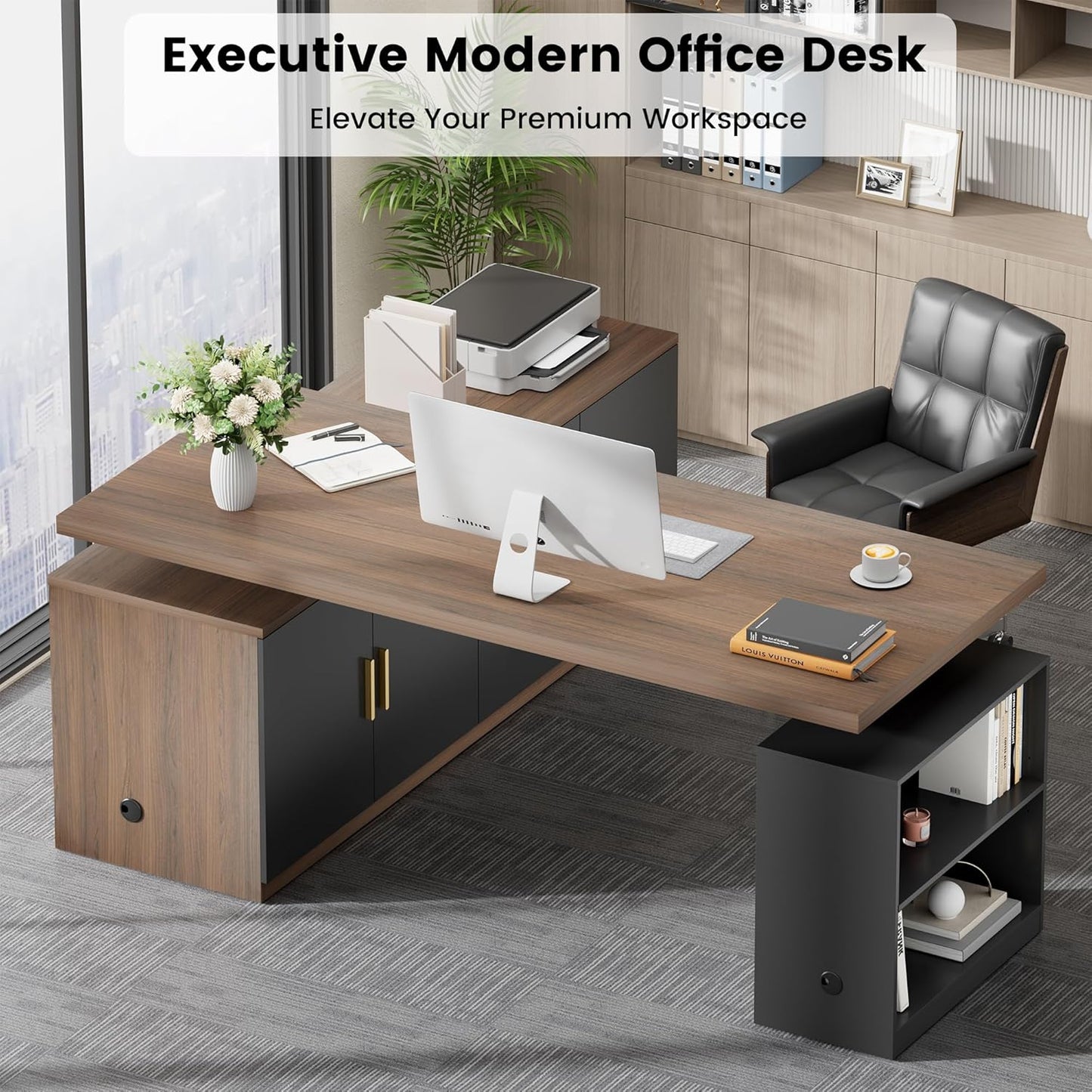 59" Electric Standing Desk L Shaped Executive Desk with Drawers & Power Outlets