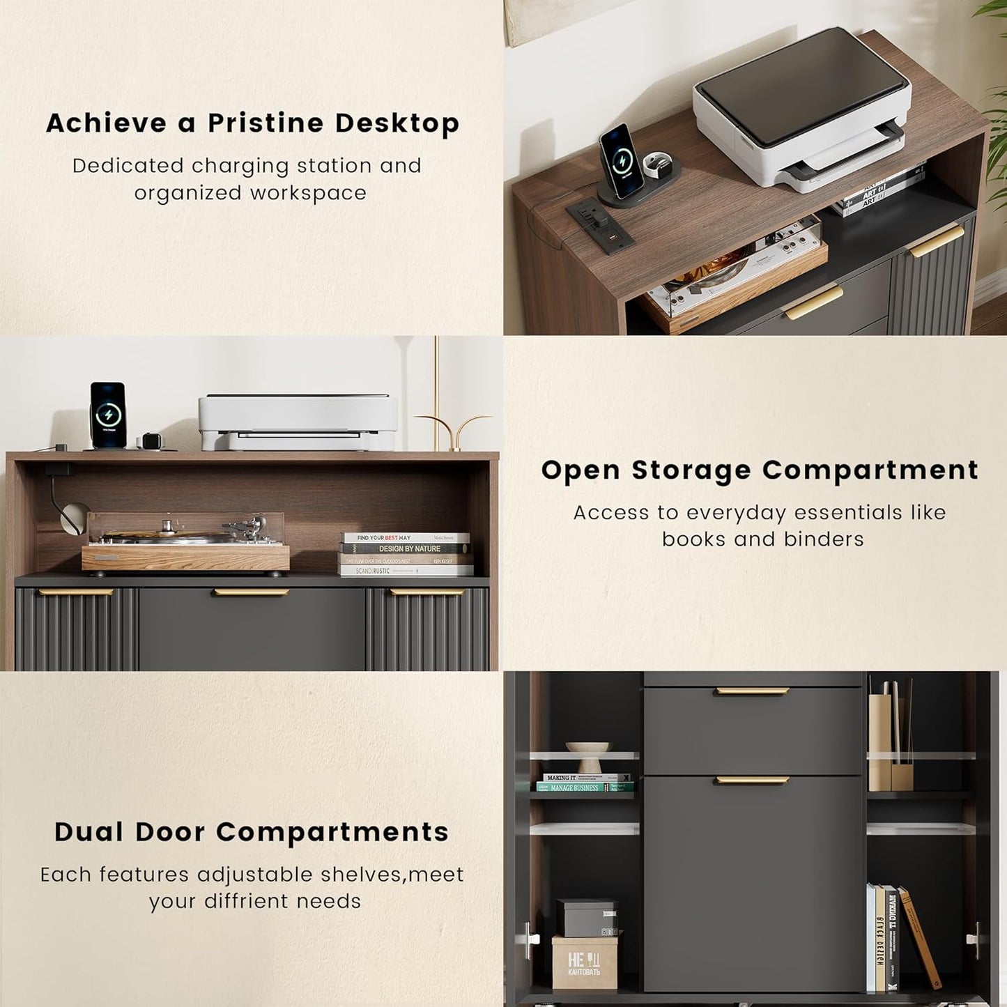 37" Fluted Storage Cabinet Rolling Sideboard Buffet Black Walnut