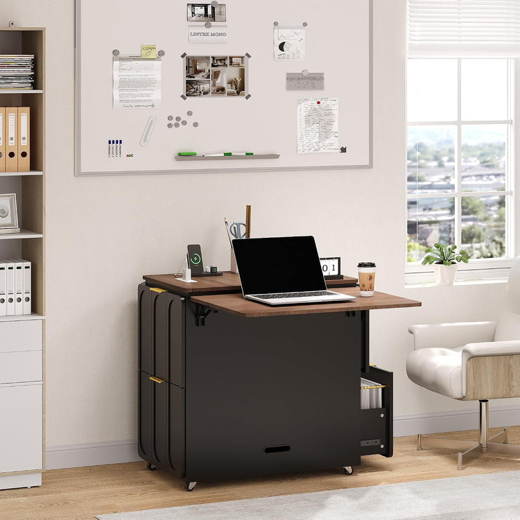 3-in-1 Folding Desk & File Cabinet with 4 Drawers, Power Outlet
