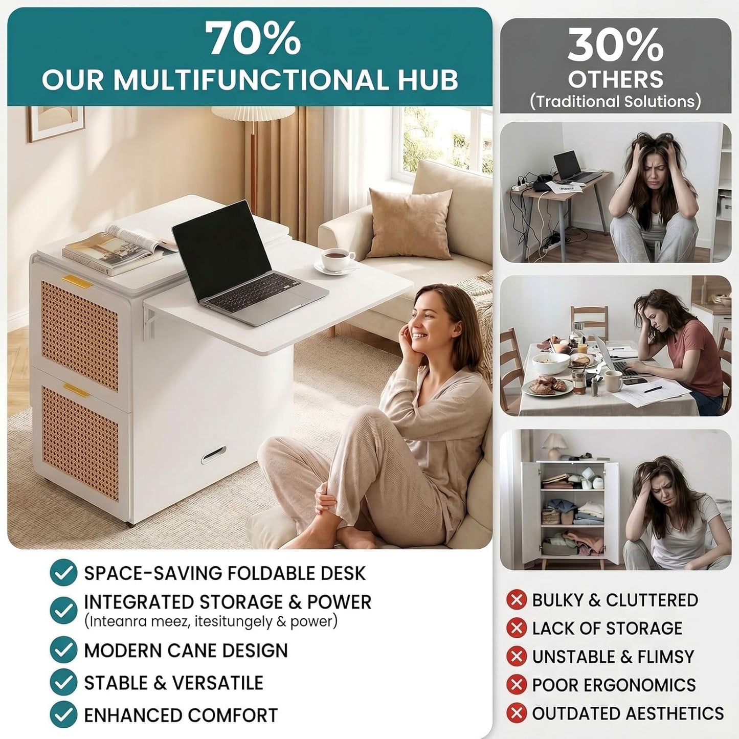 2-Person Folding Mobile Desk, 62.7" Rolling Home Office Workstation