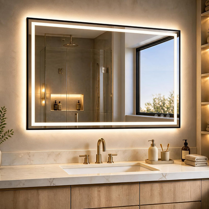 Black-framed rectangular bathroom mirror with illuminated border above a vanity sink.