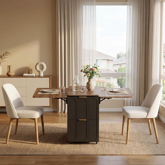 Dark folding cabinet table set for two in a bright dining room.