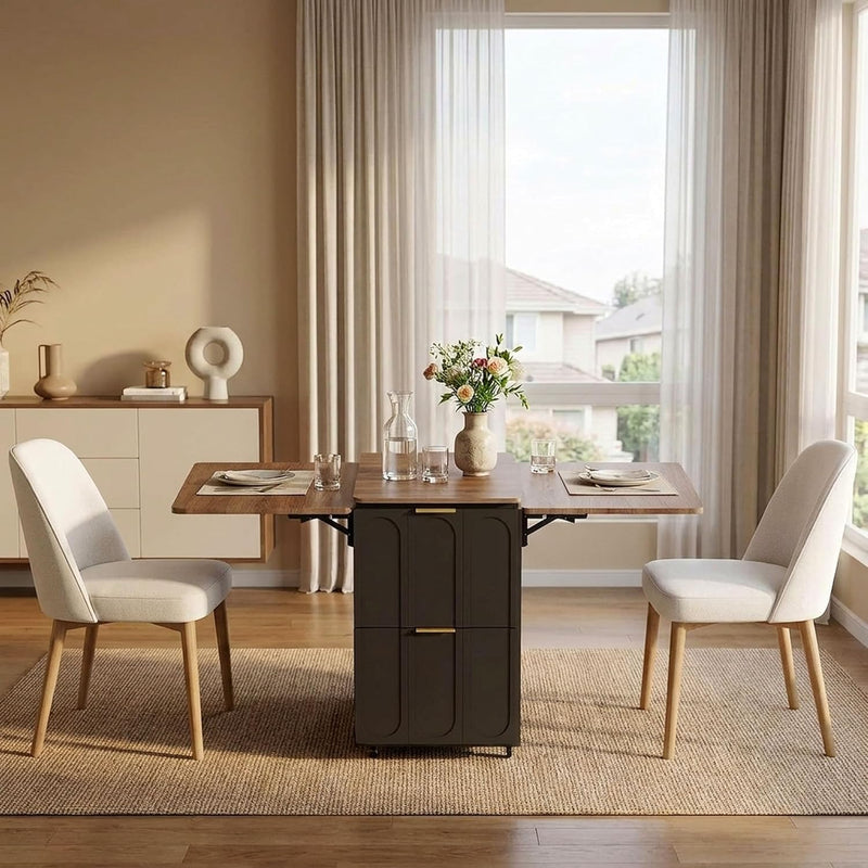 Dark folding cabinet table set for two in a bright dining room.