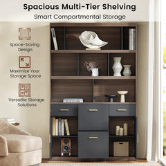 Dark wood multi-tier shelving unit with open shelves, drawers, and lower cabinets.