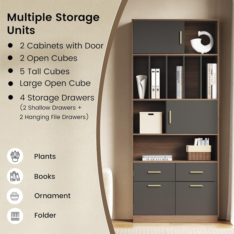 73" Tall Bookcase with 4 Drawers and Doors, Modern Office Storage Cabinet