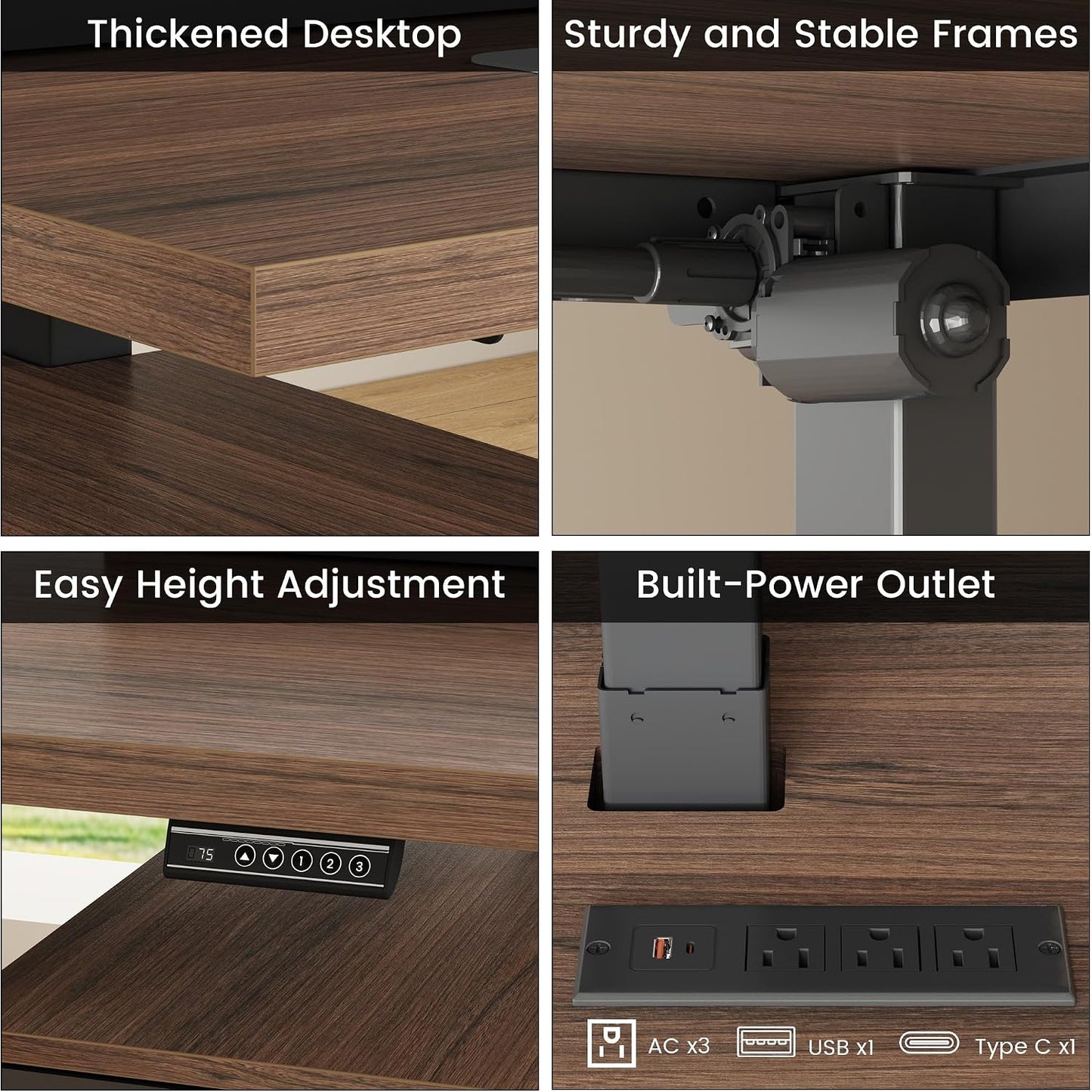 63" Electric Executive Standing Desk with LED Lighting, Monitor Riser & File Cabinet, Black Walnut