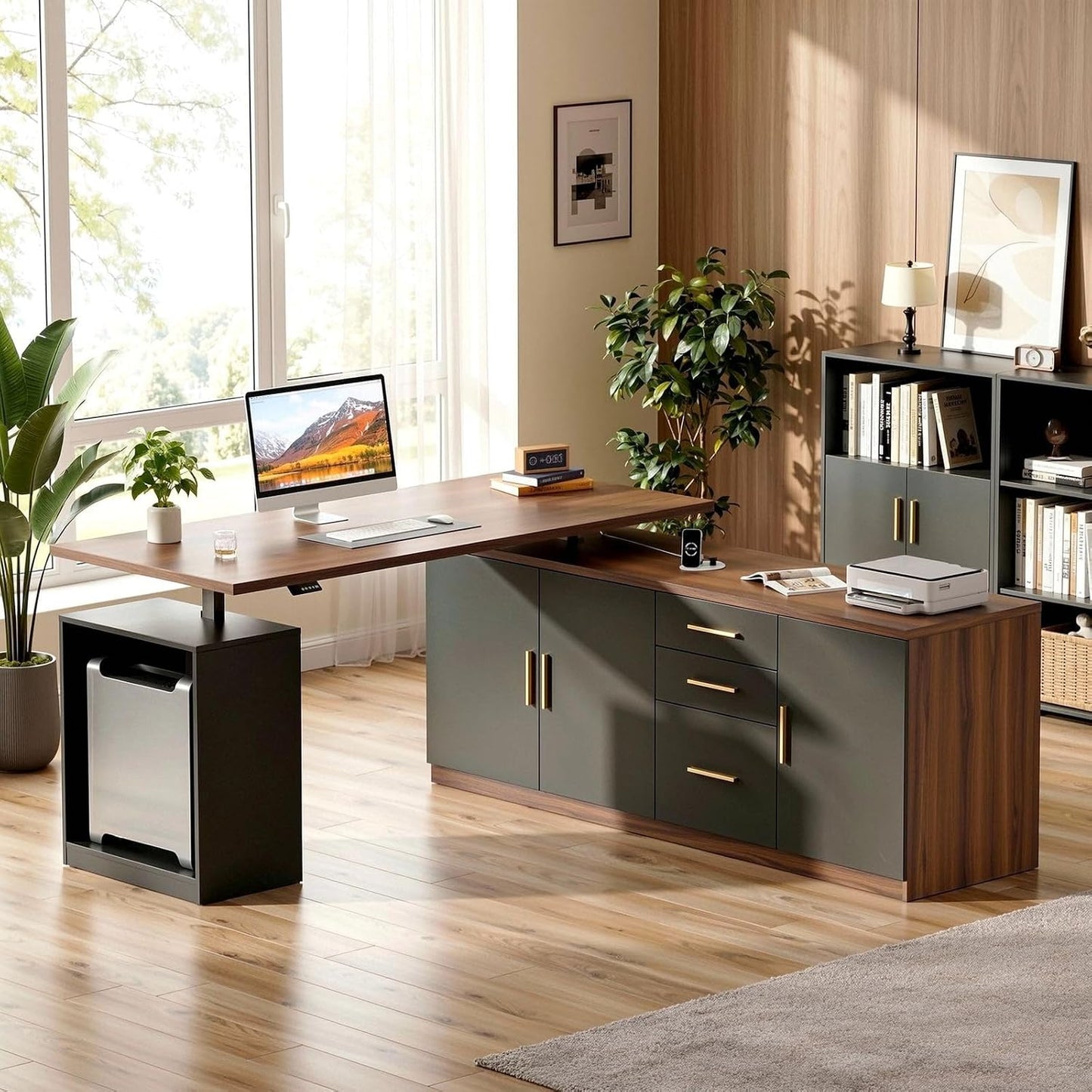 59" Electric Standing Desk L Shaped Executive Desk with Drawers & Power Outlets