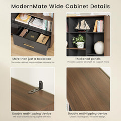 Panels show drawers, shelves, and open storage, A close-up shows anti-tip hardware