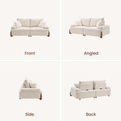 Four views of a cream two-seat sofa with matching cushions and brown legs, shown from the front, at an angle, from the side, and from the back.