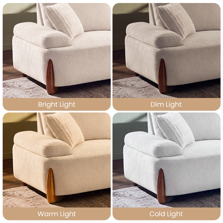 Four-panel comparison of a cream sofa under bright, dim, warm, and cool lighting.