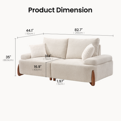 Diagram of a beige two-seat sofa with dimension labels: 82.7 inches wide, 44.1 inches deep, 35 inches high, 31.1-inch seat depth, 16.9-inch seat height, and 1.97-inch leg height.
