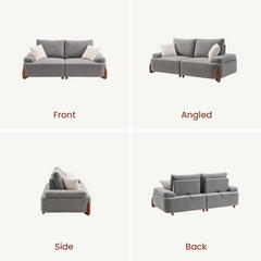 Four views of a gray two-seat sofa with white cushions and brown feet, labeled front, angled, side, and back.