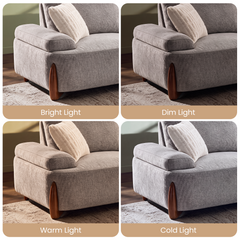 Four-panel comparison of the same beige sofa and white cushion under bright, dim, warm, and cool lighting.