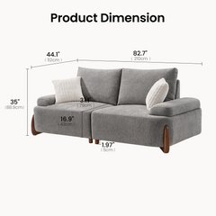 Gray two-seat sofa with white cushions, shown with dimension lines and labels for width, height, depth, seat height, and leg height.
