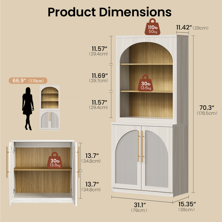[Pre-Sale] Harmo Block 70" Arched Bookcase with Doors,  Hall Tree & Entryway Cabinet, White