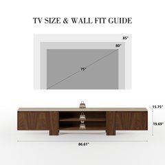 TV size and wall fit guide infographic showing a dark wood TV stand with dimensions labeled, plus a TV size reference diagram above on a white background.