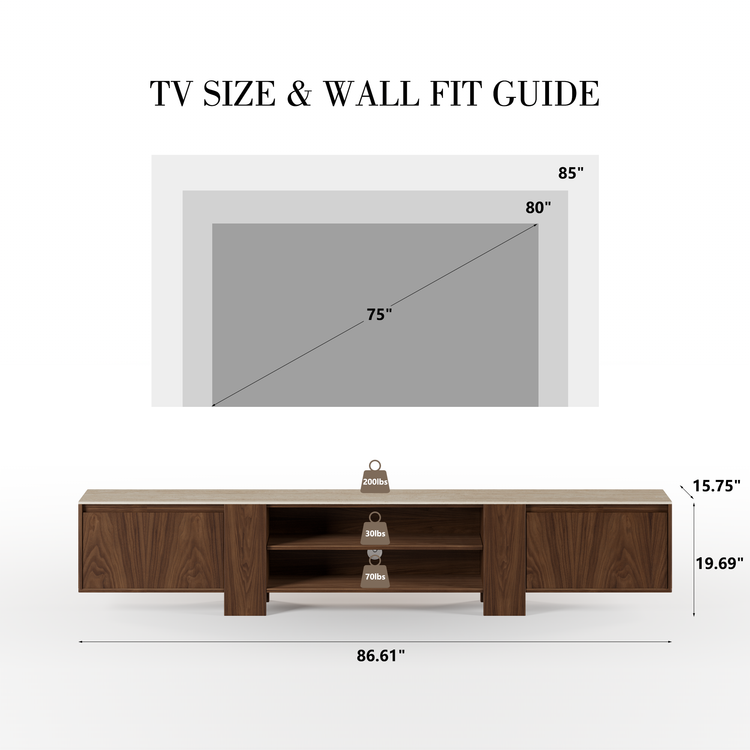 TV size and wall fit guide infographic showing a dark wood TV stand with dimensions labeled, plus a TV size reference diagram above on a white background.