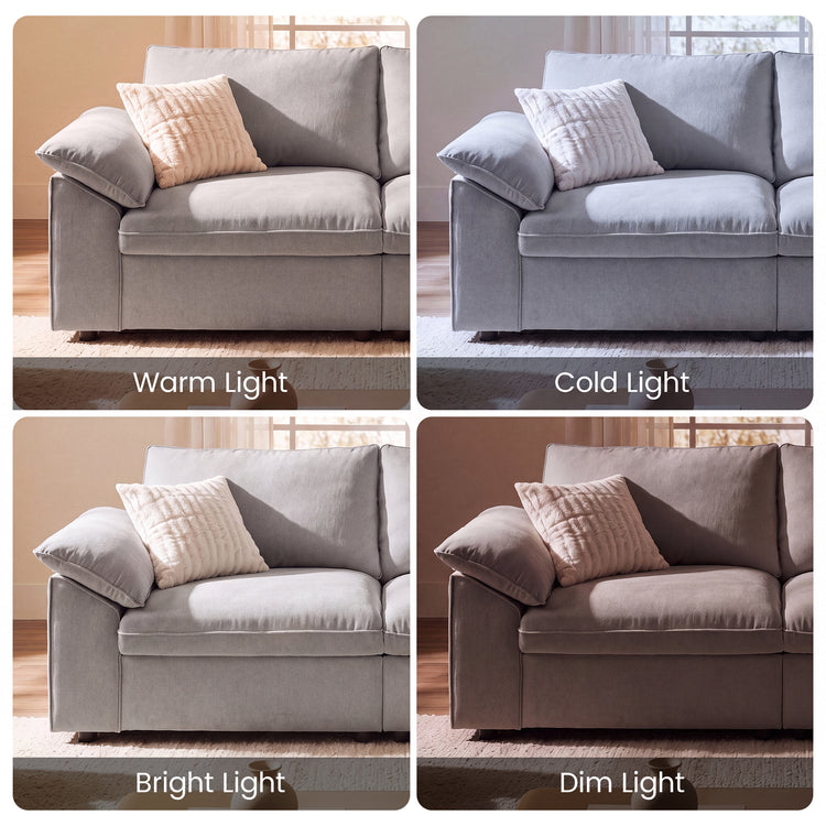 A four-panel comparison repeats the same sofa corner under different labeled lighting conditions